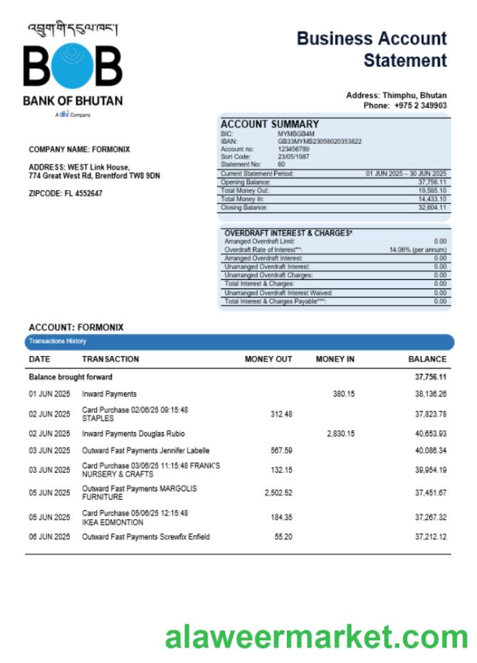 Bank of Bhutanese enterprise account statement Word and PDF template